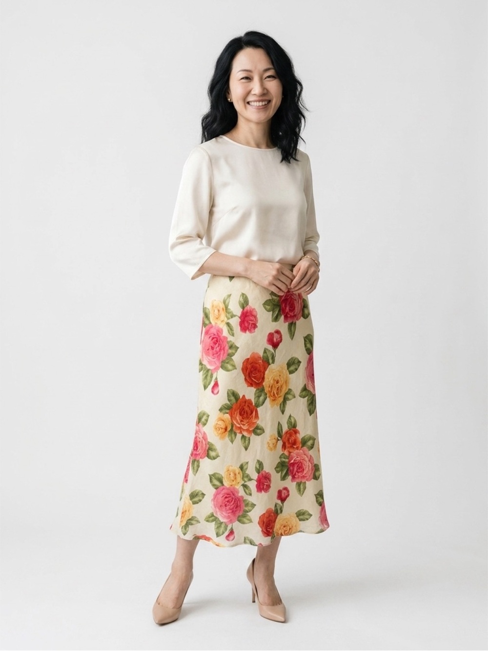 Hot Cotton Floral Maxi Skirt in Cream with Pink & Orange Roses.